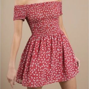 Tobi Red Ditzy Floral Off Shoulder Smocked Mini Dress